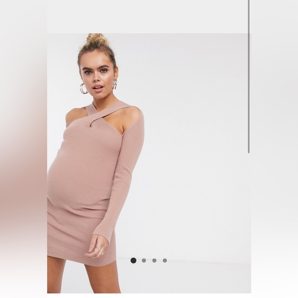 US 2 XS ASOS Maternity Pink Ribbed Halter Long Sleeve Cut-Out Bodycon Dress
